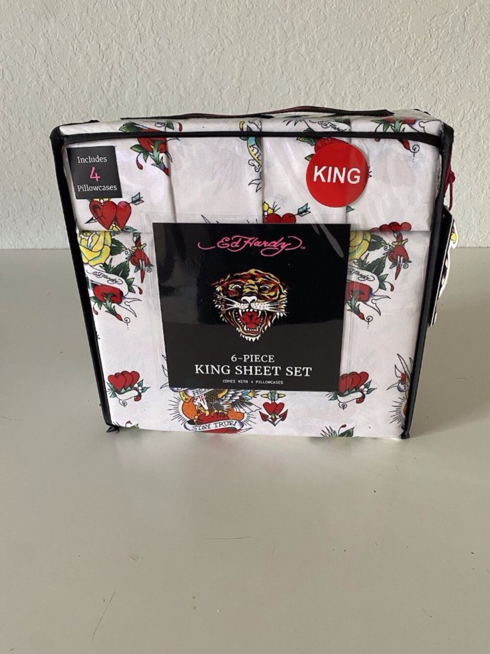 6 Piece Ed Hardy KING Size Sheet Set Heart Eagle Roses Print White NEW